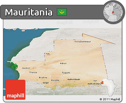 Satellite Panoramic Map of Mauritania, lighten, semi-desaturated, land only