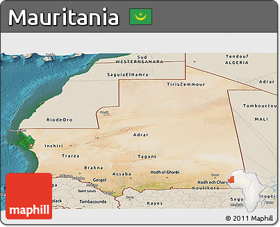 Satellite Panoramic Map of Mauritania, shaded relief outside, satellite sea