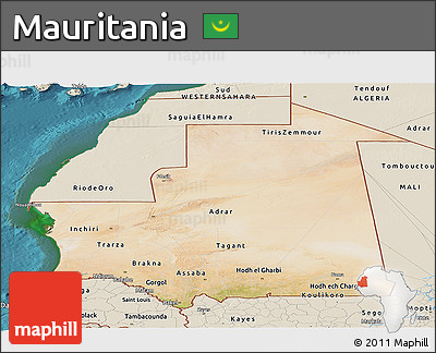 Satellite Panoramic Map of Mauritania, shaded relief outside, satellite sea
