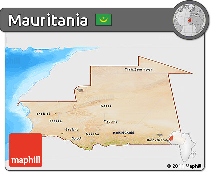 Satellite Panoramic Map of Mauritania, single color outside, bathymetry sea