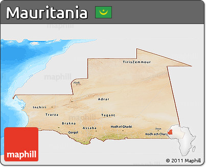 Satellite Panoramic Map of Mauritania, single color outside, bathymetry sea