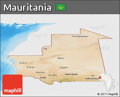 Satellite Panoramic Map of Mauritania, single color outside, bathymetry sea, shaded relief sea