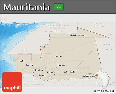 Shaded Relief Panoramic Map of Mauritania, lighten, land only