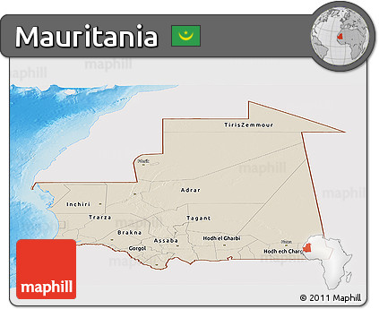Shaded Relief Panoramic Map of Mauritania, single color outside