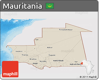 Shaded Relief Panoramic Map of Mauritania, single color outside