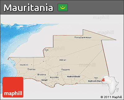 Shaded Relief Panoramic Map of Mauritania, single color outside