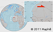 Gray Location Map of Bir Mogrein, within the entire country, hill shading