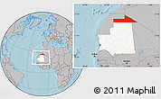 Gray Location Map of Bir Mogrein, highlighted country, within the entire country, hill shading