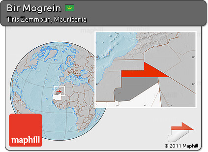 Gray Location Map of Bir Mogrein, highlighted country, highlighted parent region, hill shading