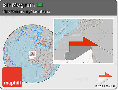 Gray Location Map of Bir Mogrein, highlighted country, highlighted parent region, hill shading