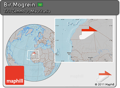 Gray Location Map of Bir Mogrein, highlighted parent region, within the entire country, hill shading