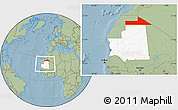 Savanna Style Location Map of Bir Mogrein, highlighted country, within the entire country, hill shading