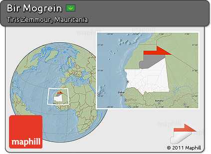 Savanna Style Location Map of Bir Mogrein, highlighted country, highlighted parent region, within the entire country, hill shading