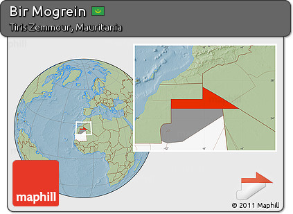 Savanna Style Location Map of Bir Mogrein, highlighted country, highlighted parent region, hill shading