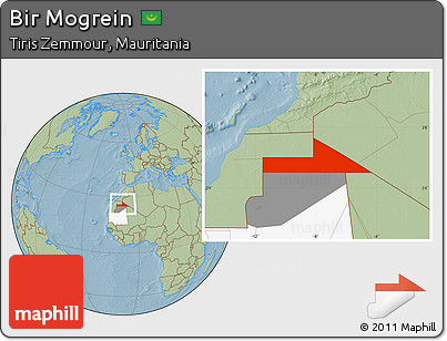 Savanna Style Location Map of Bir Mogrein, highlighted country, highlighted parent region, hill shading