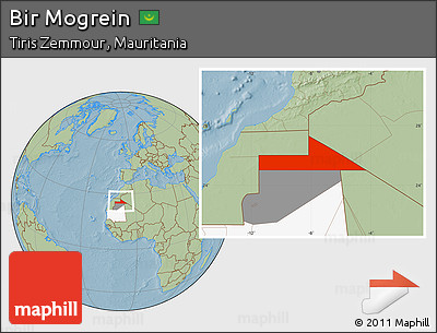 Savanna Style Location Map of Bir Mogrein, highlighted country, highlighted parent region, hill shading