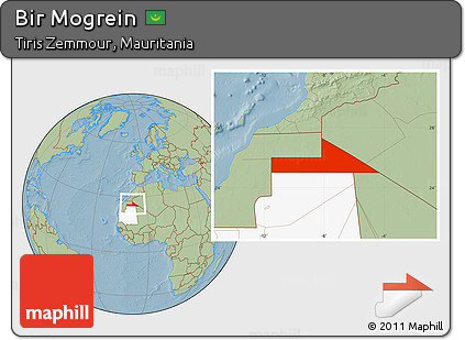 Savanna Style Location Map of Bir Mogrein, highlighted country, hill shading