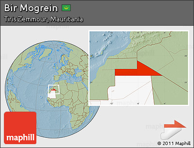 Savanna Style Location Map of Bir Mogrein, highlighted country, hill shading