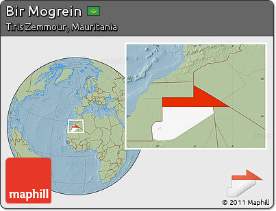 Savanna Style Location Map of Bir Mogrein, highlighted parent region, hill shading
