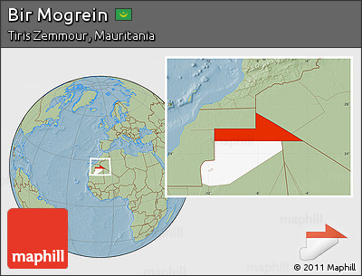 Savanna Style Location Map of Bir Mogrein, highlighted parent region, hill shading
