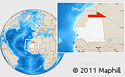 Shaded Relief Location Map of Bir Mogrein, highlighted country, within the entire country