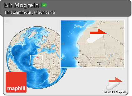 Shaded Relief Location Map of Bir Mogrein, highlighted parent region, within the entire country