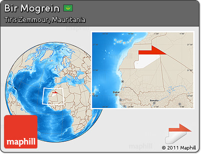 Shaded Relief Location Map of Bir Mogrein, highlighted parent region, within the entire country
