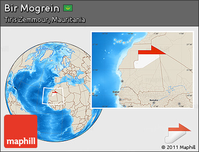 Shaded Relief Location Map of Bir Mogrein, highlighted parent region, within the entire country