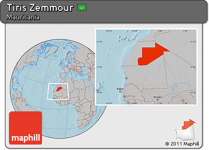 Gray Location Map of Tiris Zemmour, within the entire country, hill shading