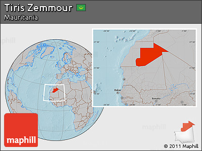 Gray Location Map of Tiris Zemmour, within the entire country, hill shading