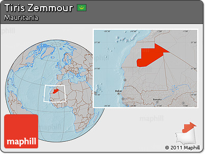 Gray Location Map of Tiris Zemmour, within the entire country, hill shading