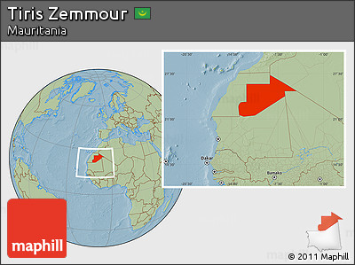 Savanna Style Location Map of Tiris Zemmour, within the entire country, hill shading