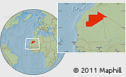 Savanna Style Location Map of Tiris Zemmour, within the entire country, hill shading