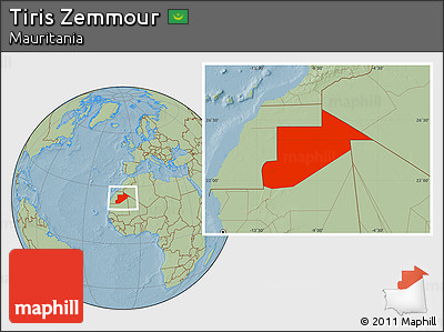 Savanna Style Location Map of Tiris Zemmour, hill shading