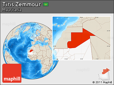 Shaded Relief Location Map of Tiris Zemmour, highlighted country