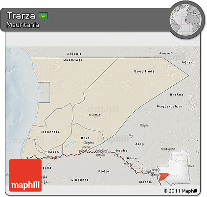 Shaded Relief 3D Map of Trarza, semi-desaturated