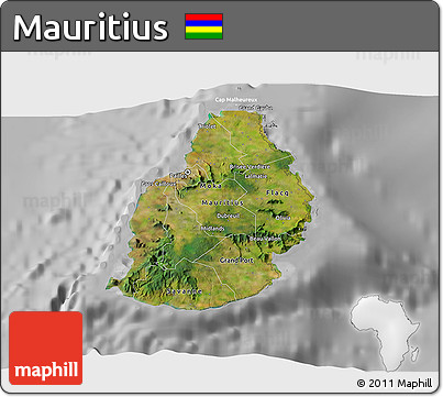 Satellite 3D Map of Mauritius, lighten, desaturated