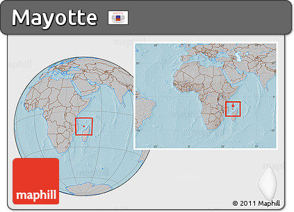 Gray Location Map of Mayotte, within the entire continent, hill shading