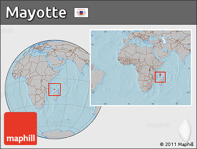 Gray Location Map of Mayotte, within the entire continent, hill shading