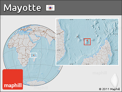 Gray Location Map of Mayotte, lighten, desaturated, land only, hill shading