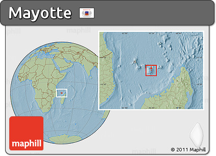 Physical Location Map of Mayotte, savanna style outside, hill shading