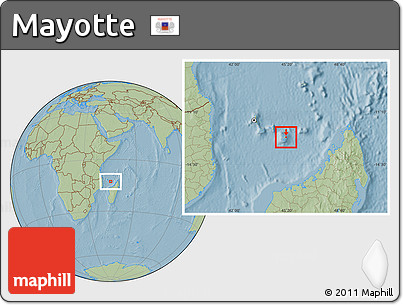Physical Location Map of Mayotte, savanna style outside, hill shading