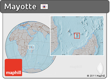 Satellite Location Map of Mayotte, gray outside, hill shading