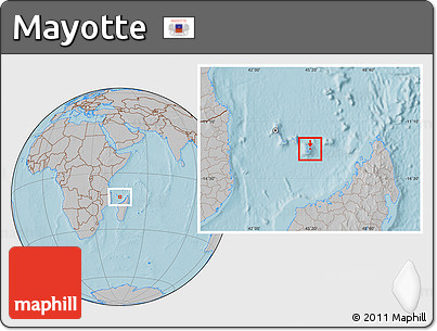 Satellite Location Map of Mayotte, gray outside, hill shading