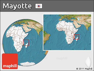 Satellite Location Map of Mayotte, highlighted continent, within the entire continent