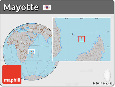 Savanna Style Location Map of Mayotte, gray outside, hill shading inside