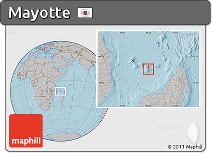 Savanna Style Location Map of Mayotte, gray outside, hill shading outside