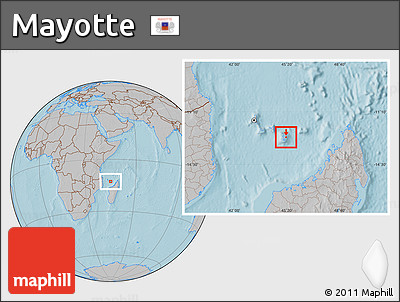 Savanna Style Location Map of Mayotte, gray outside, hill shading outside