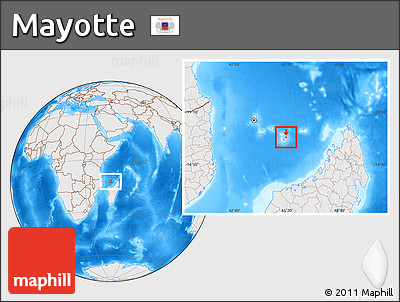 Shaded Relief Location Map of Mayotte, lighten, desaturated, land only