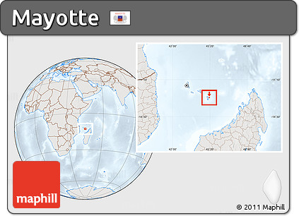 Shaded Relief Location Map of Mayotte, lighten, semi-desaturated